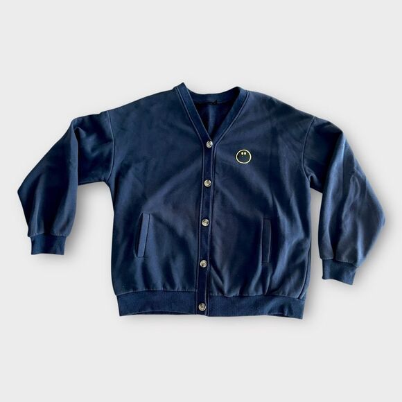 Minimalist Navy Smiley Button-Up Cardigan | Street Style Layer | Cozy Oversized - Picture 1 of 6